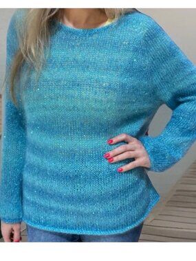Handmade Women's Hand Knit Blue Ombre Mohair Sequins Sweater Pullover Size M-L